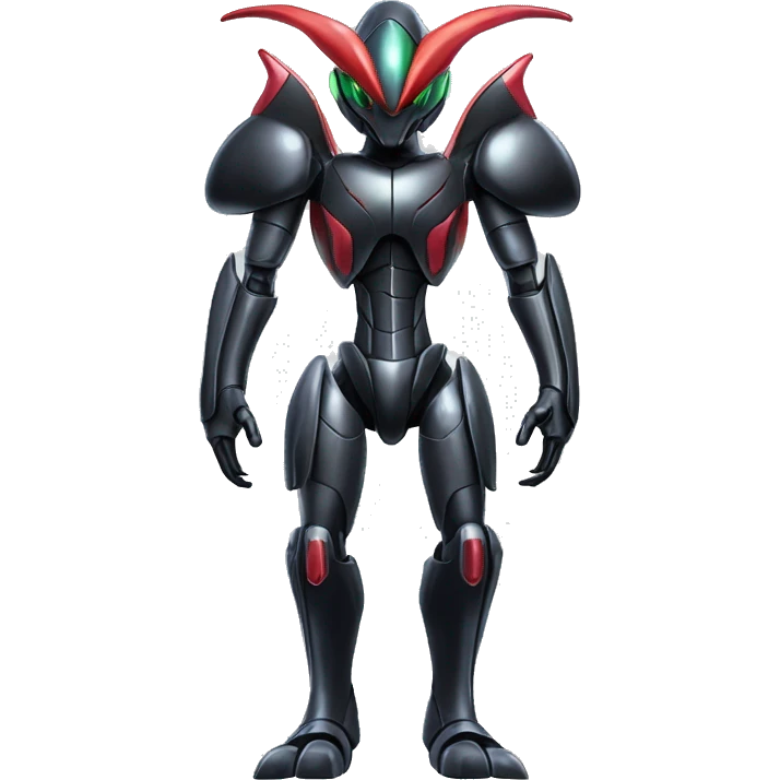 a shiny metallic black Genesect-Flygon-Raptor-Fakémon-Medabot-hybrid with a futuristic visor-helmet full body emoji