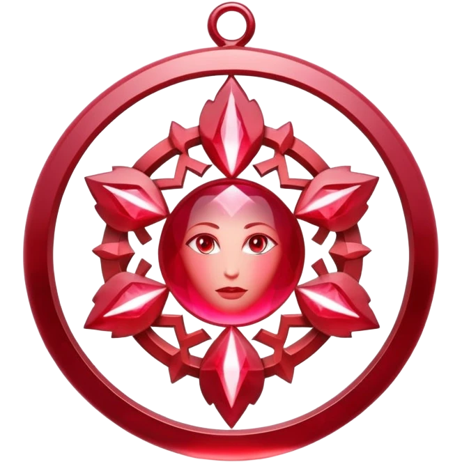 ruby pendant radiating luminous aura, celestial being forming inside, surrounded by floating runes emoji