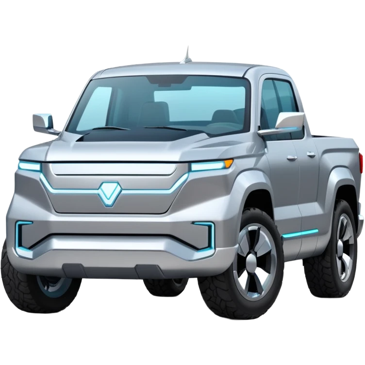 A futuristic electric pickup truck emoji, silver chrome body, angular cyber design, smooth metallic panels, subtle reflections, minimalistic proportions, iOS emoji style, centered composition, clean white background, soft lighting emoji