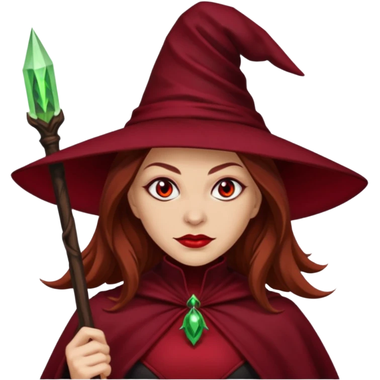 Wicked Witch of the East from the Wizard of Oz with light skin, red eyes, brown long hair, dark red outfit emoji