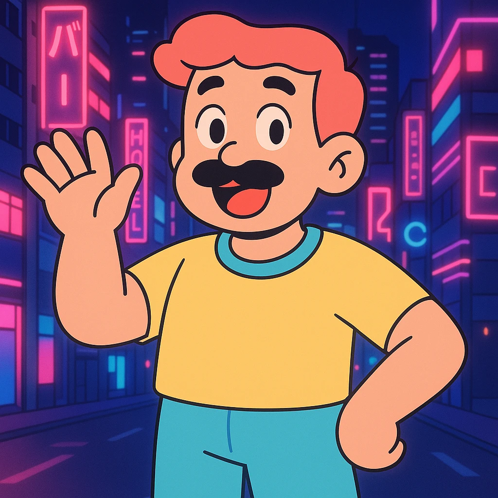 Add a neon city background, keep the 90's anime style and all original colors and lighting emoji