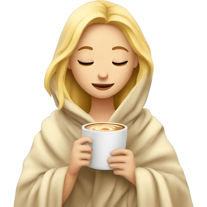 Blonde girl inside a blanket sipping coffee eyes closed emoji