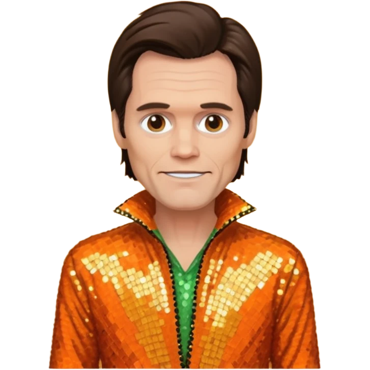 Jim Carrey with dark brown hair, orange sequin outfit emoji
