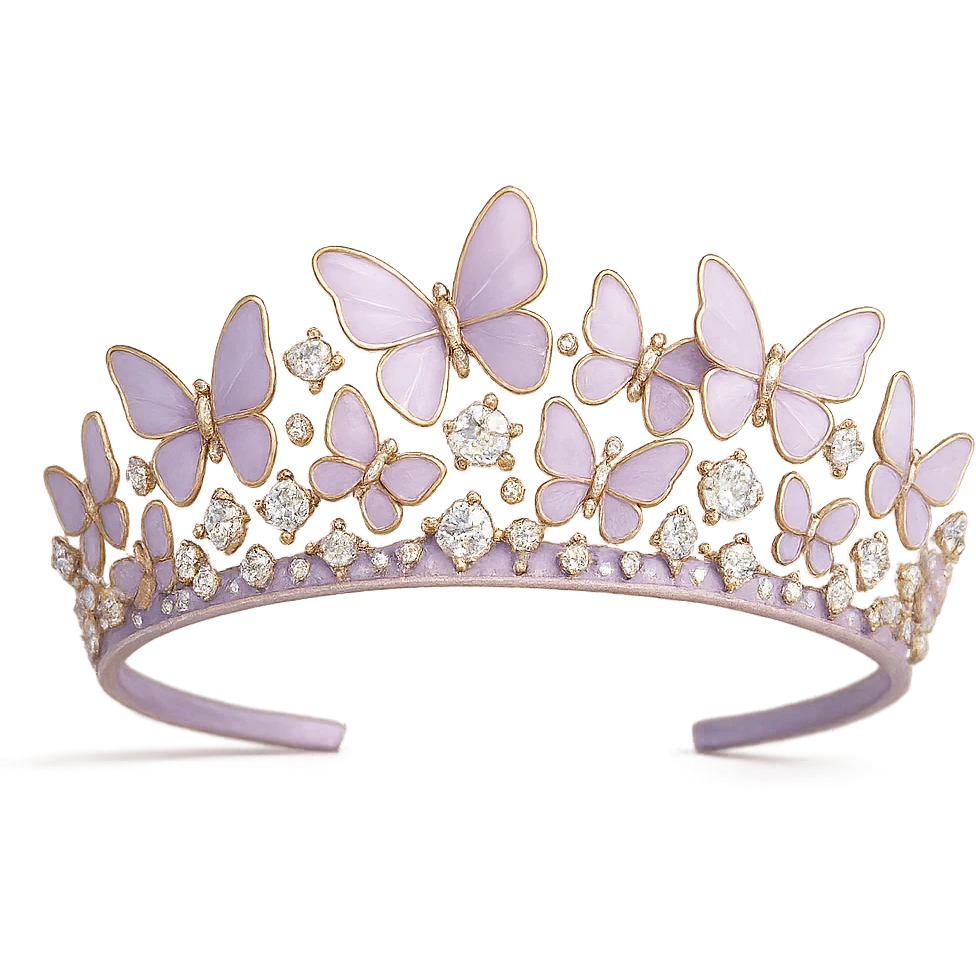 butterfly crown with a violet base, butterflies in pastel purple enamel, sparkling gems emoji