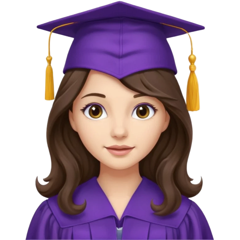 pretty brunette with long wavy hair wearing a purple graduation cap and gown emoji