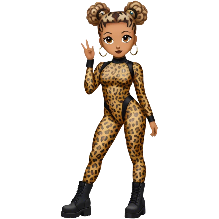 Melanie Brown with her hair in space buns and wearing a tight leopard print two piece bodysuit and black combat boots emoji