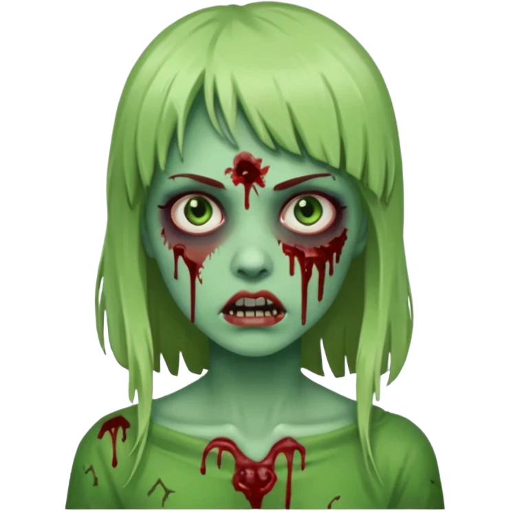 Mulher cabelo de franjinha pele verde zumbi sangrando bonito com zundo escuro emoji