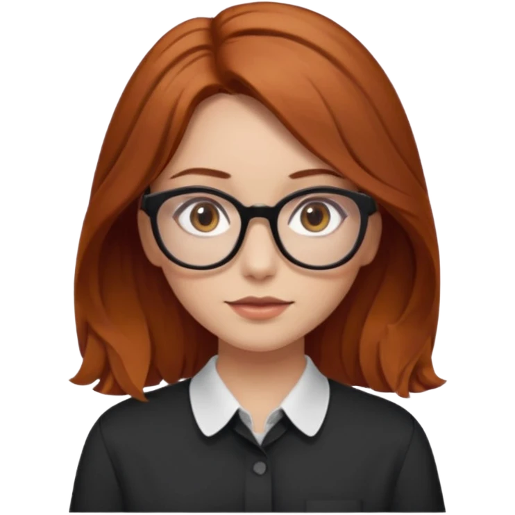 red-brown haired girl, middle length straight hair - wavy towards the ends, brown almond eyes, thick black glasses, oversized shirt emoji