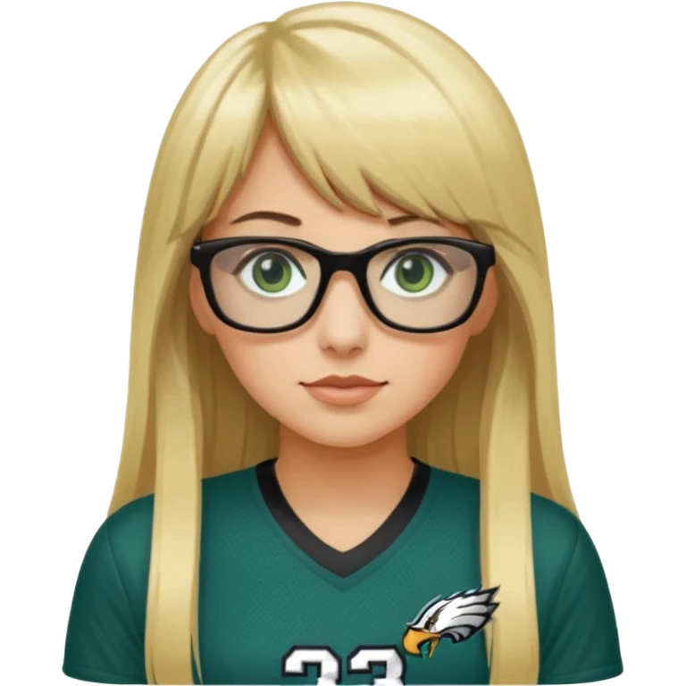 long blonde hair with bangs black rectangle glasses female green eyes football player wearing eagles jersey number 33 emoji