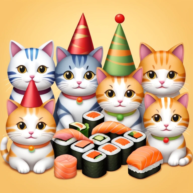 Cats gathered around sushi at a birthday party emoji