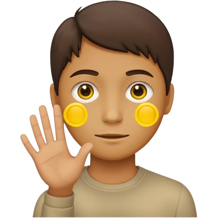 A yellow circle face person with neutral face with his hand in front of him at 120 degree angle emoji