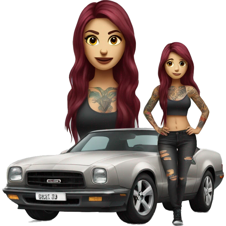Beautiful tattooed burgundy long haired woman standing next to a car emoji