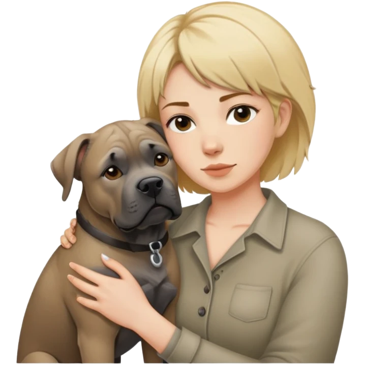 Woman with short messy blonde hair sharing a hug with her fawn colored Cane Corso dog who has short pointed ears emoji