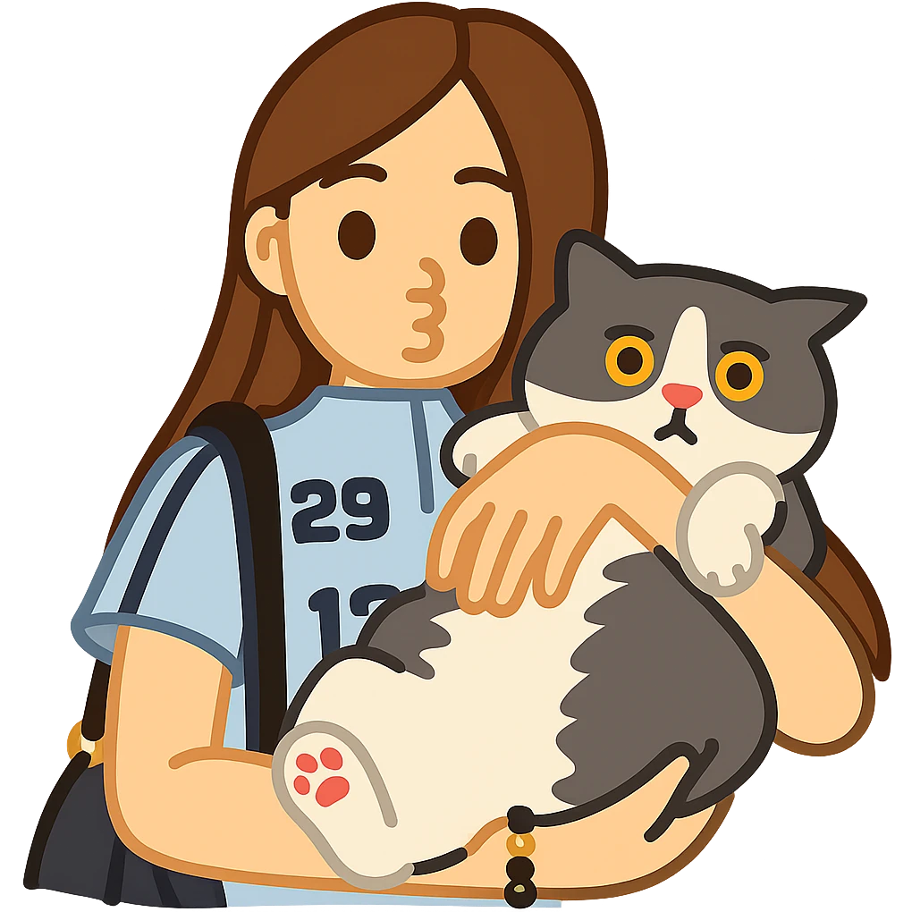 Create an emoji of this girl holding her blue and white cat, both with cute expressions, in emoji style emoji