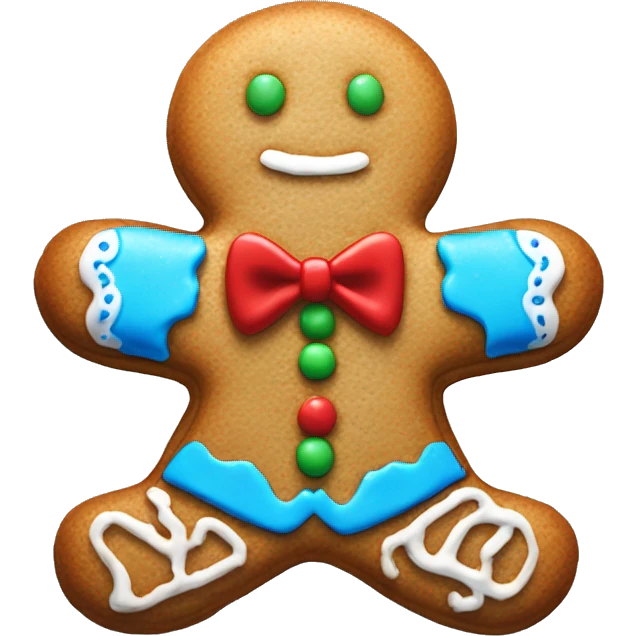 Realistic isolated gingerbread man cookie with blue frosting and bowtie emoji