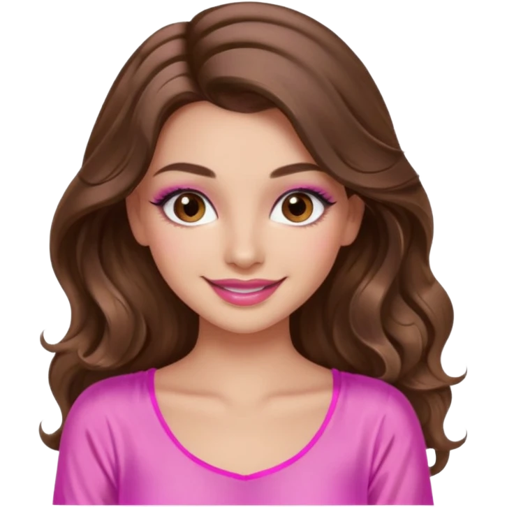 girl with long wavy brown hair, brown eyes, long lashes makeup, sexy pink lips, light to medium complexion, wearing a pink sexy silk top, smiling emoji