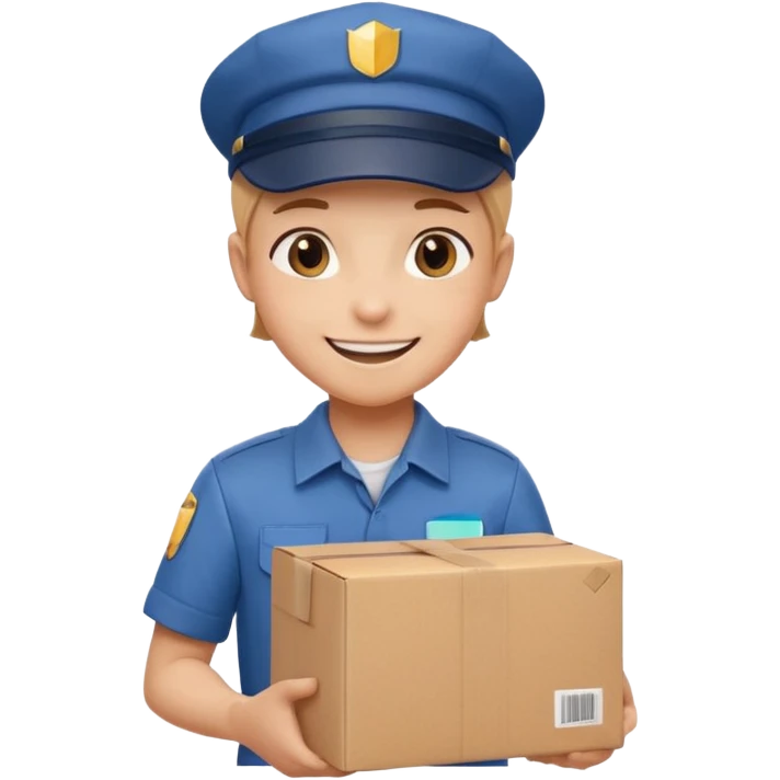  delivery worker holding a cardboard package. Wearing a cap and uniform shirt, smiling expression. Rounded, glossy, smooth, soft shadows, white background.




 emoji