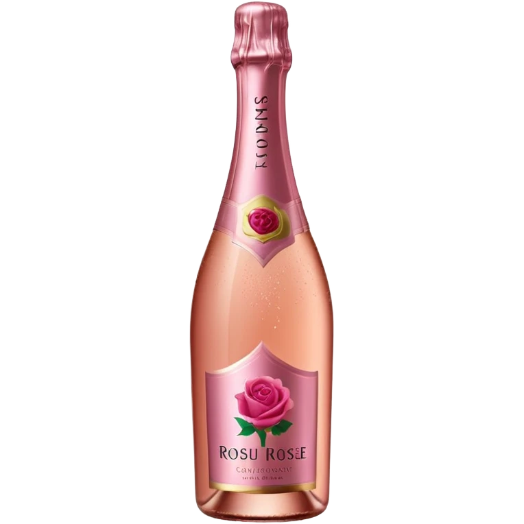 bottle of sparkling rosé champagne with a rose logo on the label, tilted up and to the right, no glass emoji
