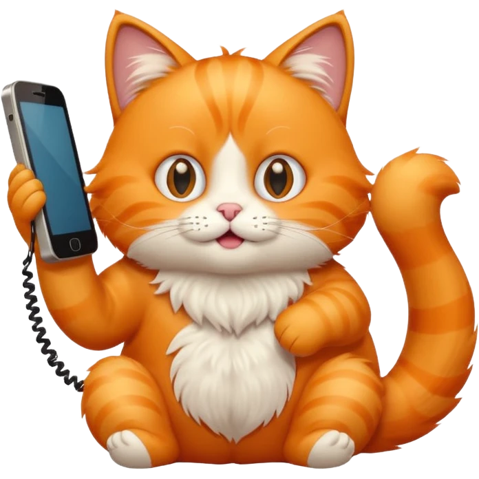 phone，The orange cat is sitting and making a phone call. emoji
