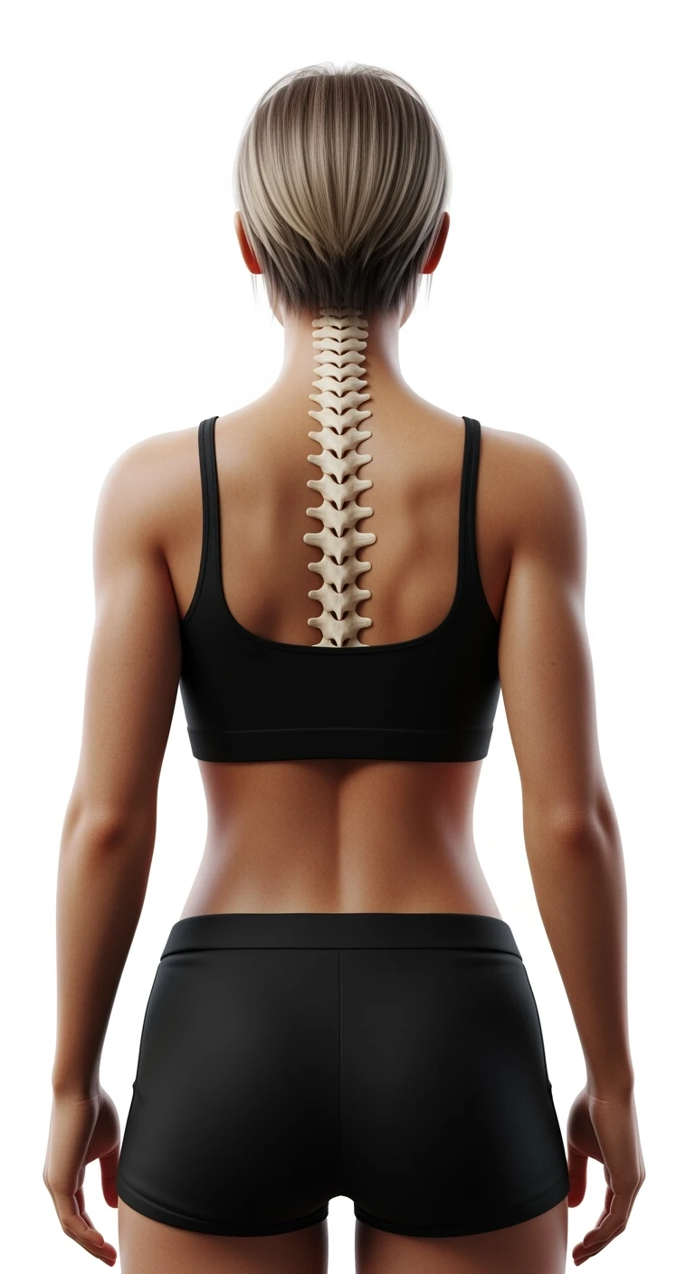 donna fitness di spalle con spina dorsale anatomica realistica in evidenza, sfondo bianco emoji
