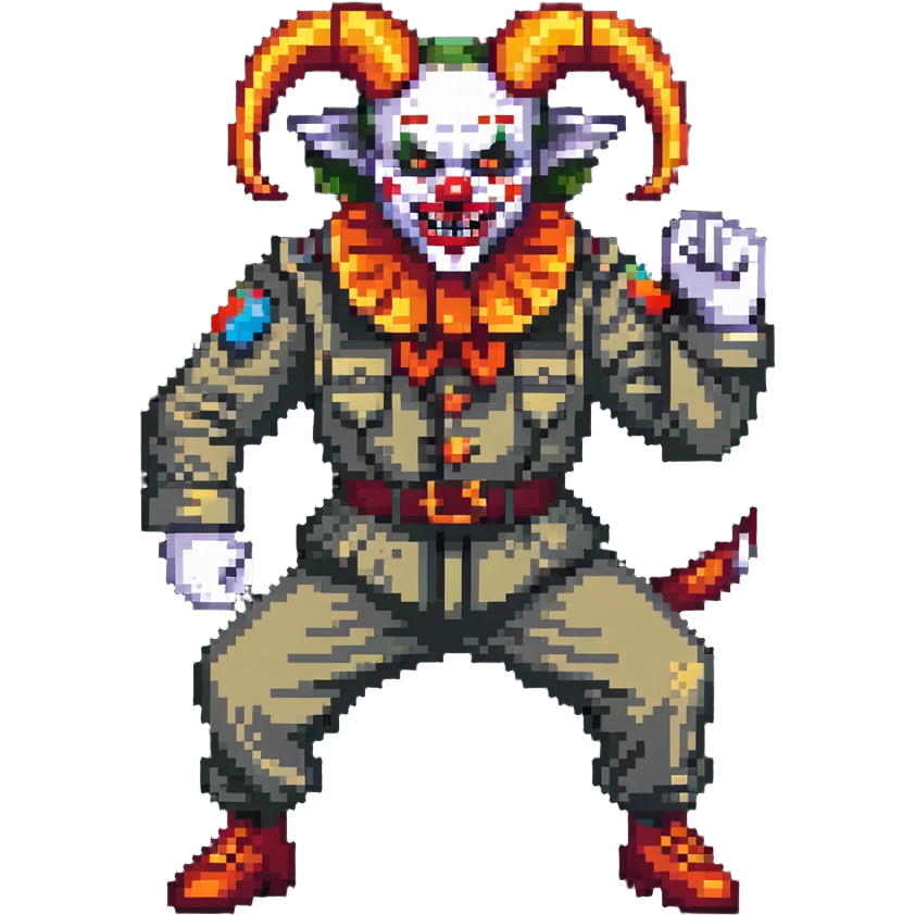 evil clown soldier with billy goat horns, fangs, pointed ears, leisure suit, fighting stance emoji