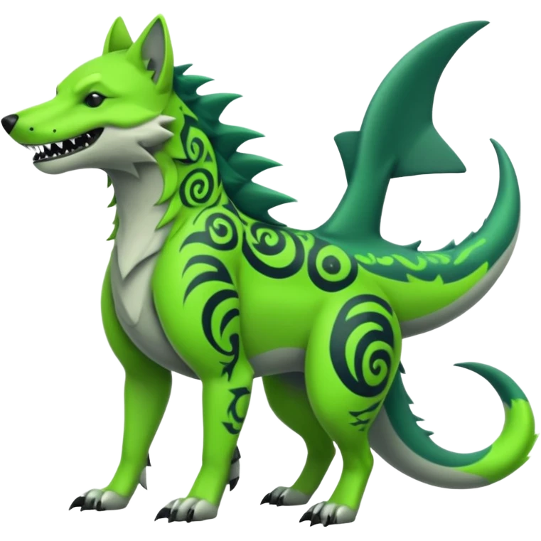 Edgy cool badass Neon-green landhai-sergal-dingo-hyena-wolf-raptor, with a shark tail, with black and dark-green swirly patterns markings emoji