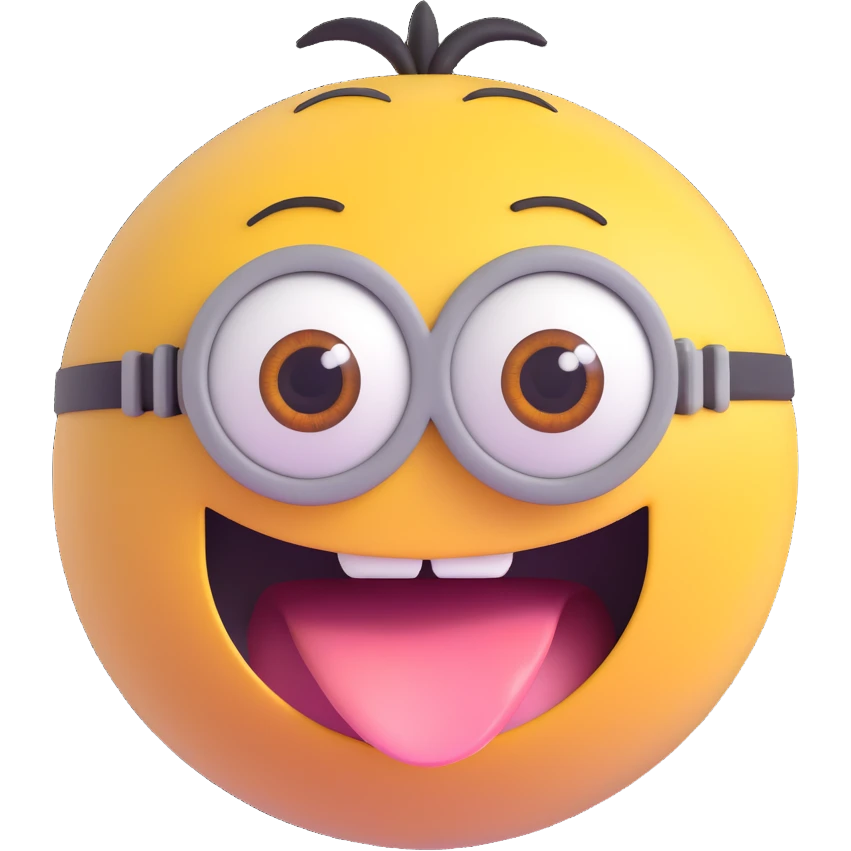 sphere with a cute minion face, big eyes, smiling, tongue out emoji