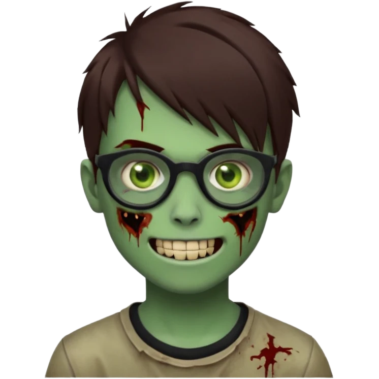 Zombie emo boy, green skin and brown hair and brown eyes, black glasses and a scary smile with a cut on the side, scars and blood under eyes emoji