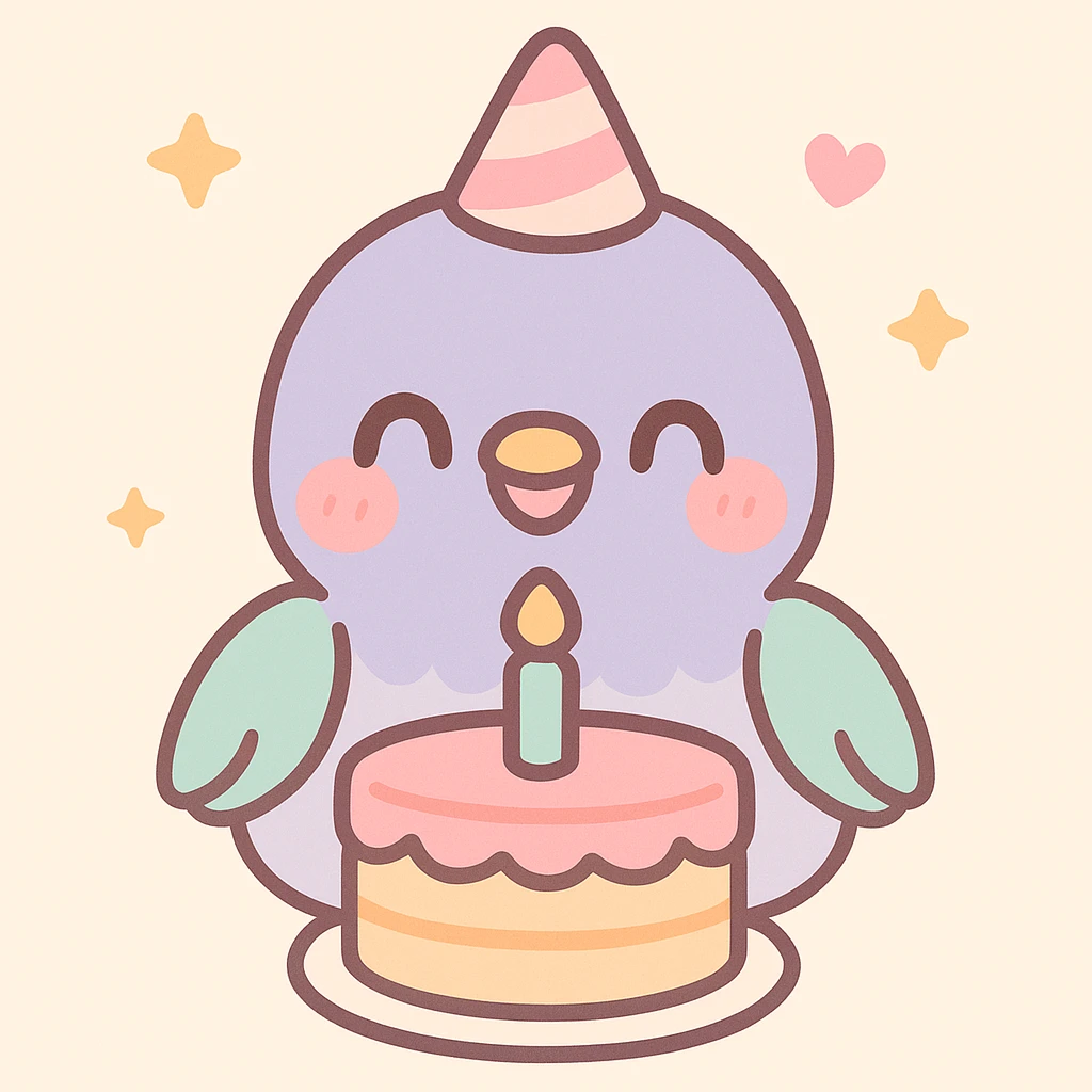 happy baby pigeon smiling brightly in front of birthday cake, warm and cute feeling, soft pastel colors emoji