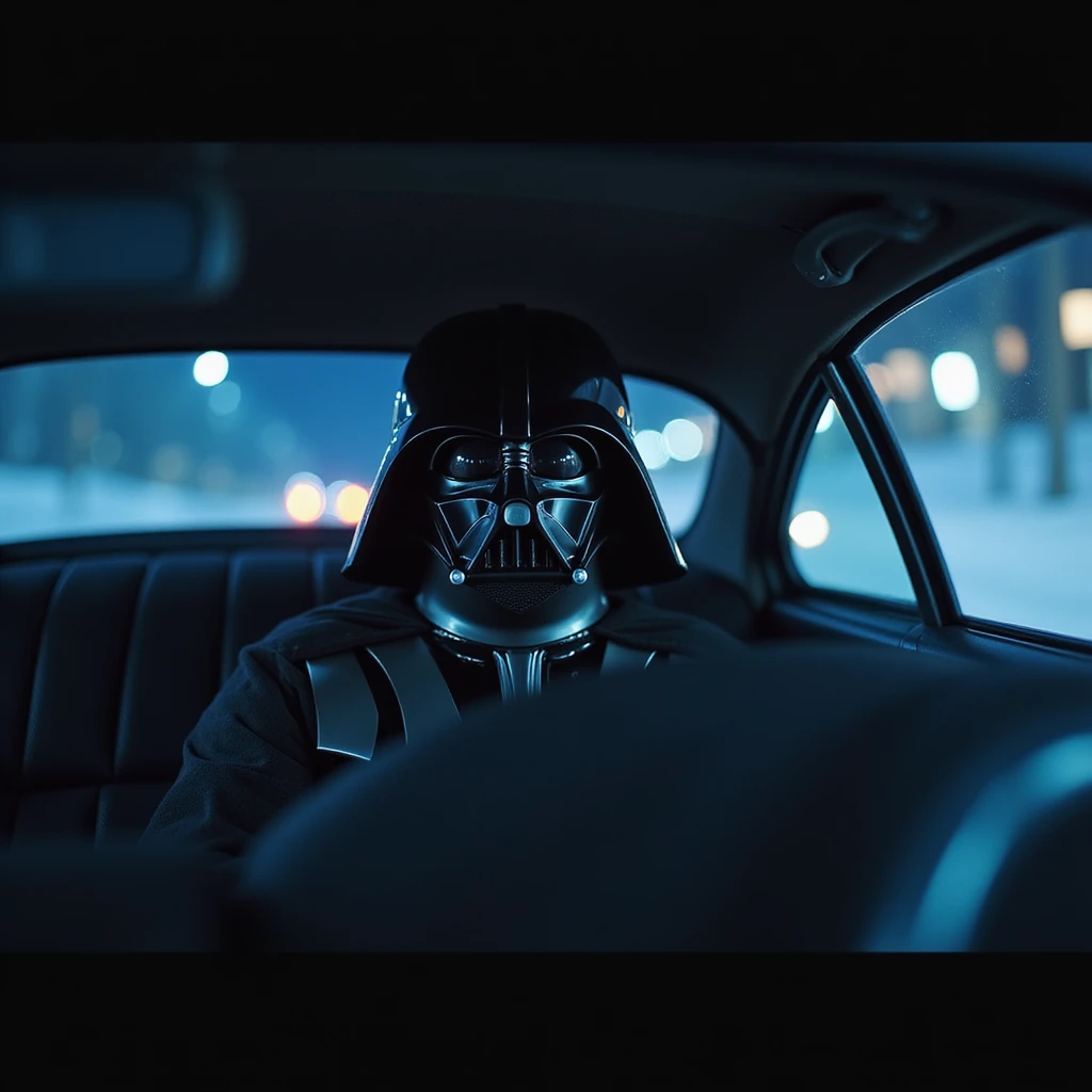 Cinematic shot of a Darth vader sitting in porsche 911, blue and orange lights, full car shot emoji