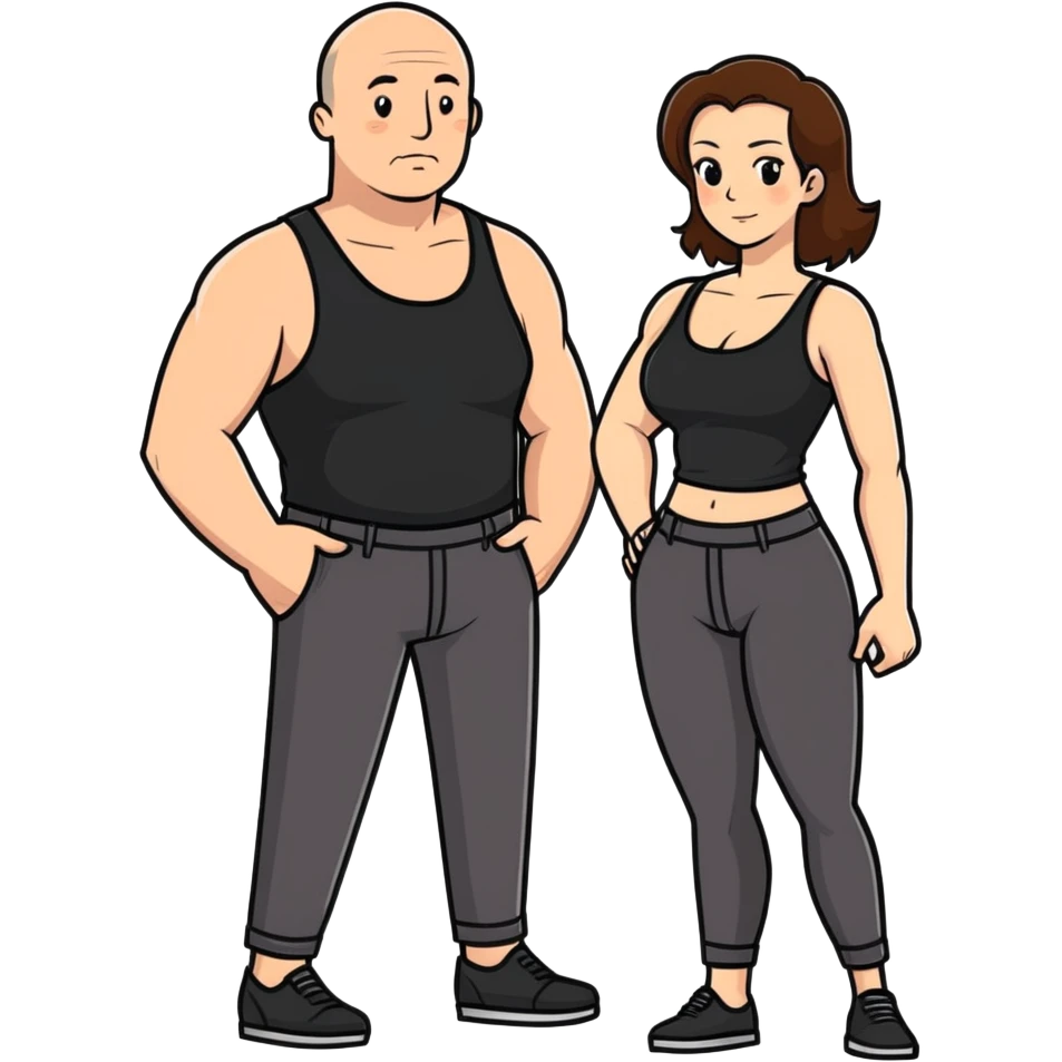  One Caucasia woman with brown hair and big boobs,  a black tank top and pants with her hand in the pants of a bald man emoji