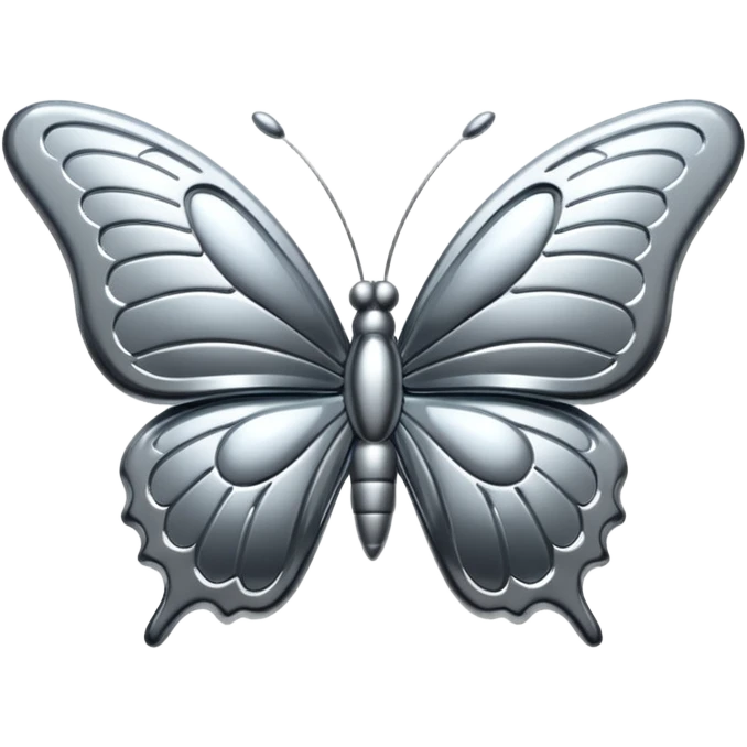 Liquid metal butterfly emoji, silver chrome material, iOS emoji style, smooth curves, reflective surface, elegant and minimal, white background emoji