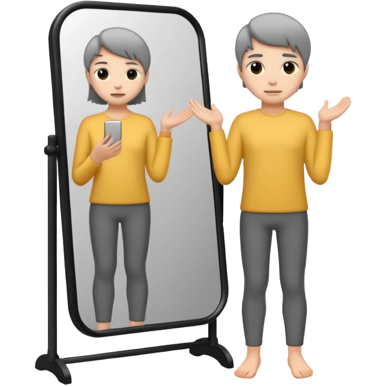 Minimalist emoji-style sticker of a person standing before a mirror, but the reflection is moving differently. Black and gray icon.
 emoji