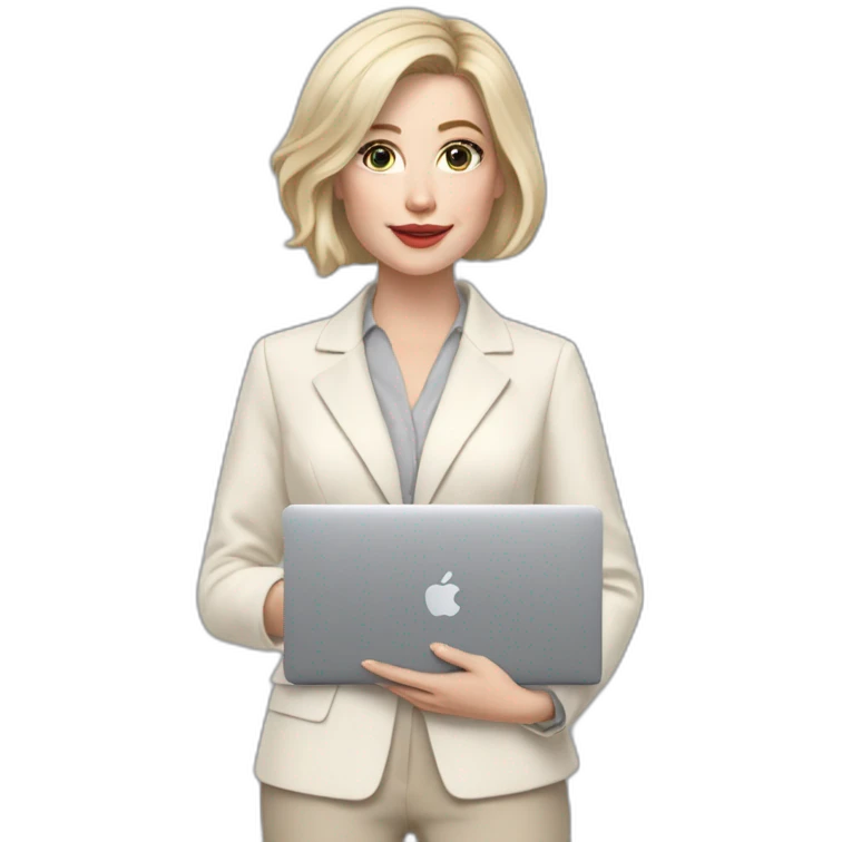pale skin woman with ash blonde Straightened bob Hair, White Spacious classical jacket, beige palazzo Arrow pants and gray blouse holding a MacBook in the hands emoji