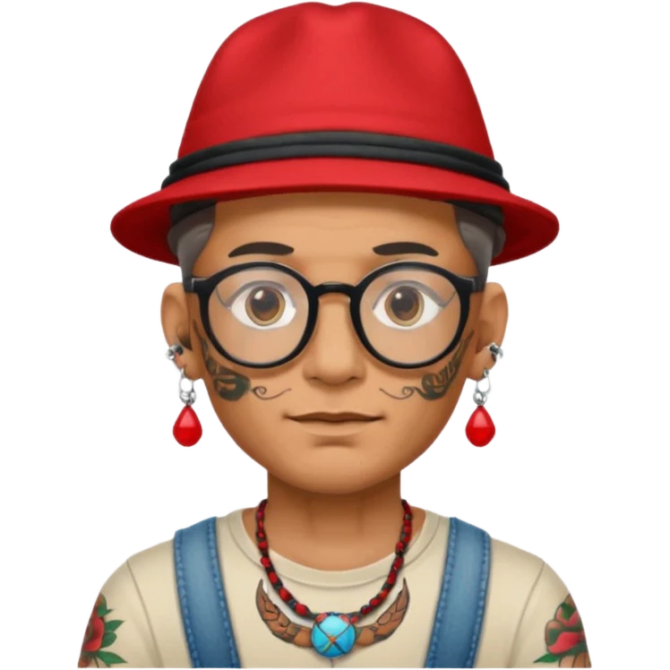 unique looking tourist with big unique red tourist hat and earrings, man with lots of tattoes and spectacles, hair showing emoji