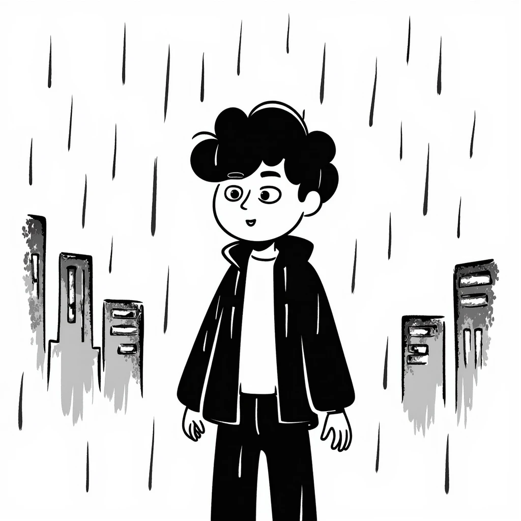 Anime boy protagonist standing in pouring rain, dramatic anime scene emoji