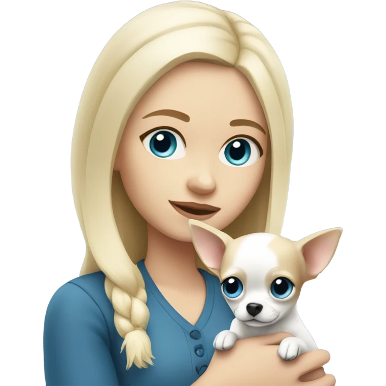 White blonde girl with blue eyes holding white chihuahua  emoji