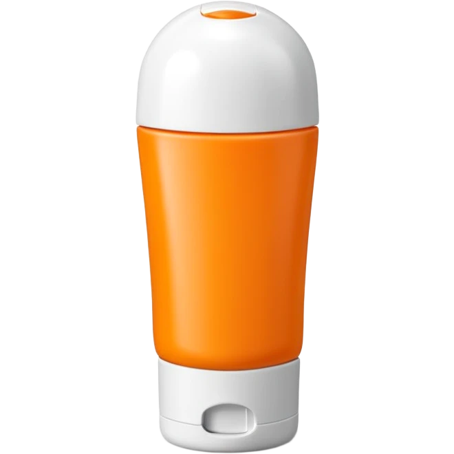 sleek squeezable tube with rounded flip-top cap, bright summer colors orange yellow white, compact slightly curved shape, outdoor use, clean matte surface, lotion or cream inside, no label, no hand, no extras, soft lighting, subtle shadows, emoji scale emoji