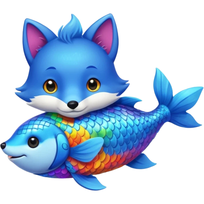 cute blue fox hugging a rainbow fish emoji