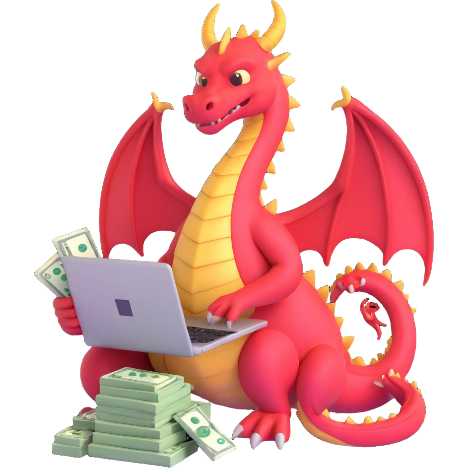 A dragon with a laptop and a stack of money emoji