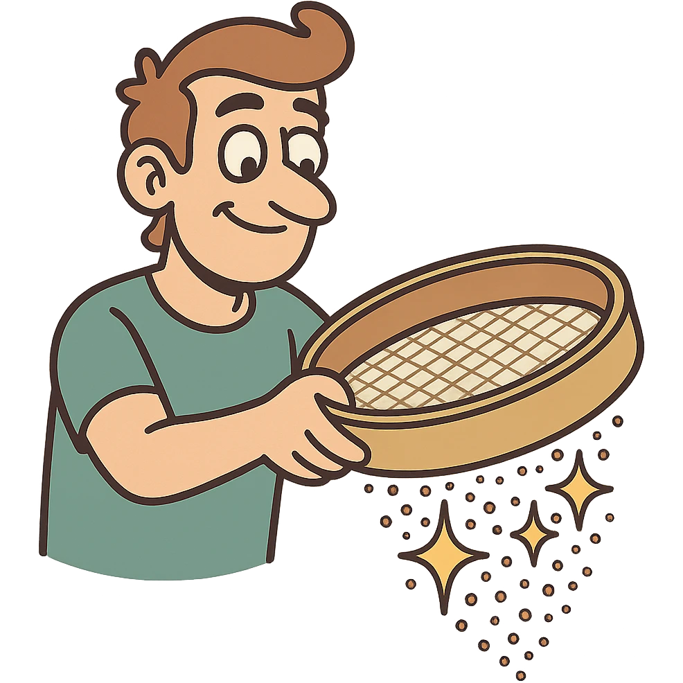 stylized sieve with shining particles passing through, metaphor for kalburüstü emoji