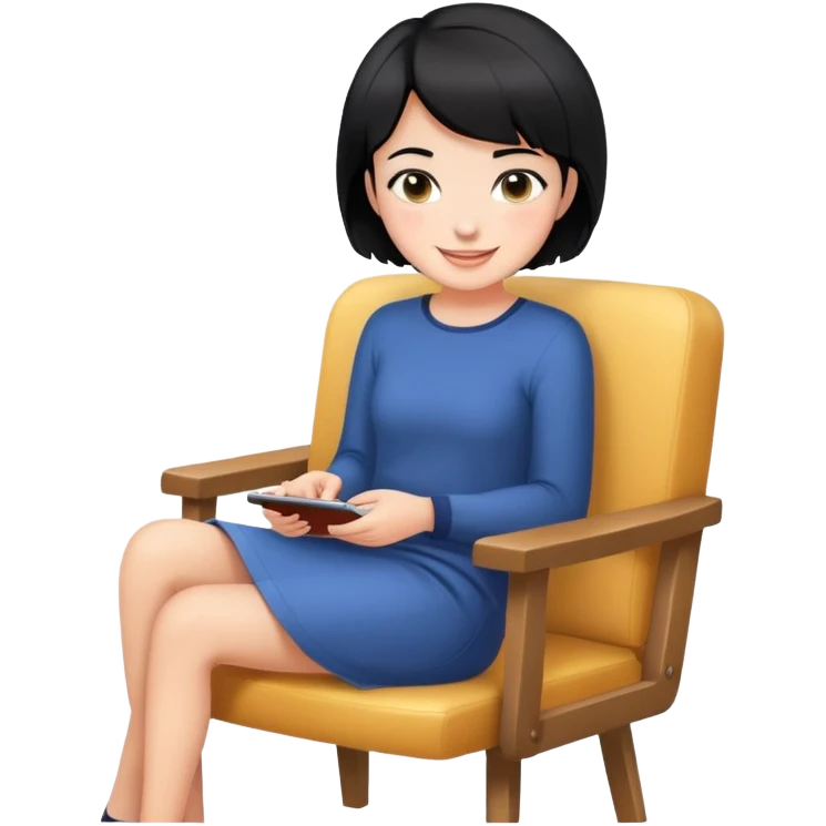 Girl with short black hair smiling sitting on a chair emoji
