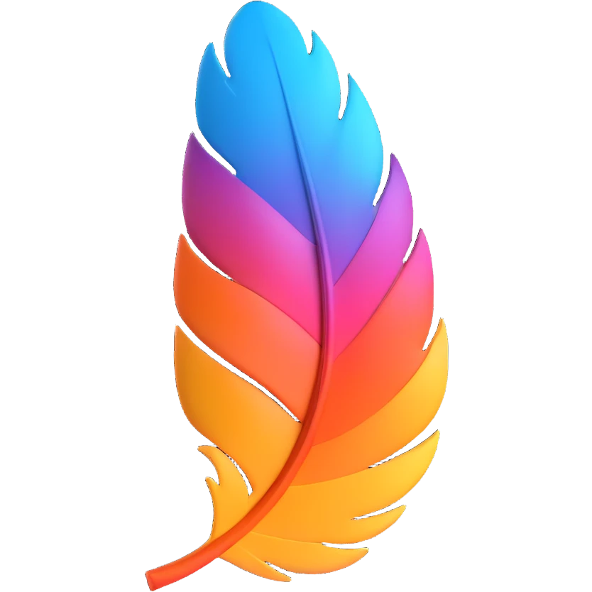a feather closely resembling the Ficbook logo feather, but slightly plumper and more three-dimensional, with a bold outline, expressive shadows, and glossy highlights, giving it a soft, voluminous look, shape and style very close to the Ficbook logo emoji