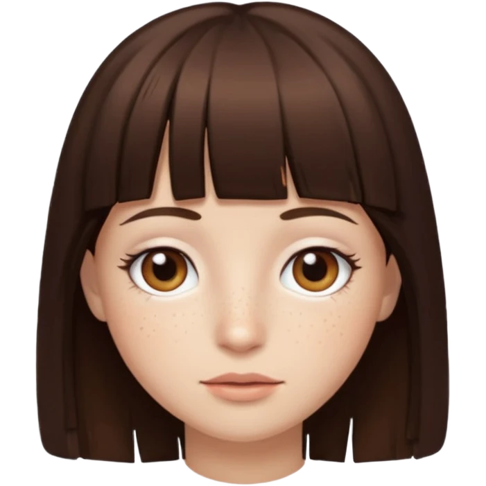 branca, olhos hazel, franjnha, pequenas sardas, cabelo castanho escuro, zoombir emoji