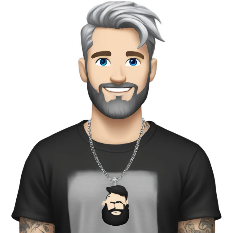 Younger white male that has grey blue eyes, dark brown hair with grey on the sides, a beard, and tattoos. He is wearing a diamond coated white gold necklace and a black punk band t-shirt while waving hello emoji