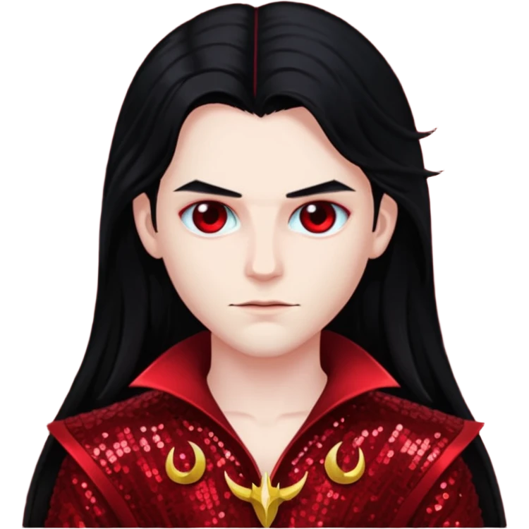 Lucifer with long black hair, dark red sequin outfit emoji