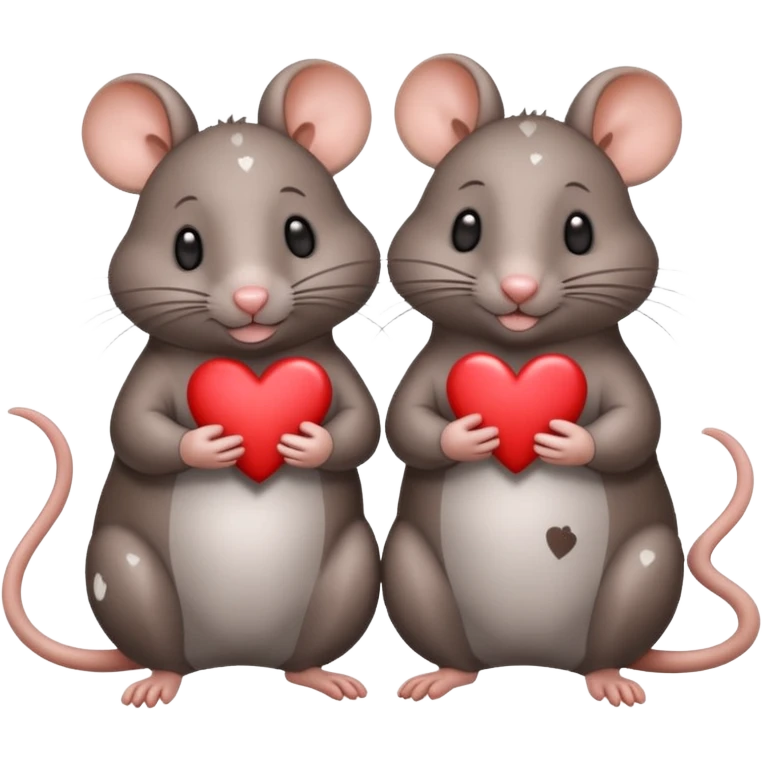 two fat little rats holding hearts one grey with white spots the other rat warm brownn emoji