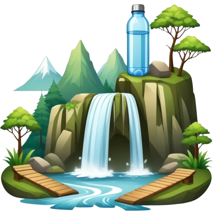 Icon for Ecotourism: a scenic landscape with lush green forests, a waterfall, and wildlife, such as birds or animals, with hiking trails and eco-friendly travel elements like a reusable water bottle. Transparent background. emoji