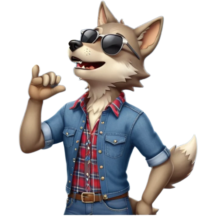 friendly anthropomorphised wolf in jeans and plaid shirt, wearing dark sunglasses, howling with the moon in the background, upright pose emoji