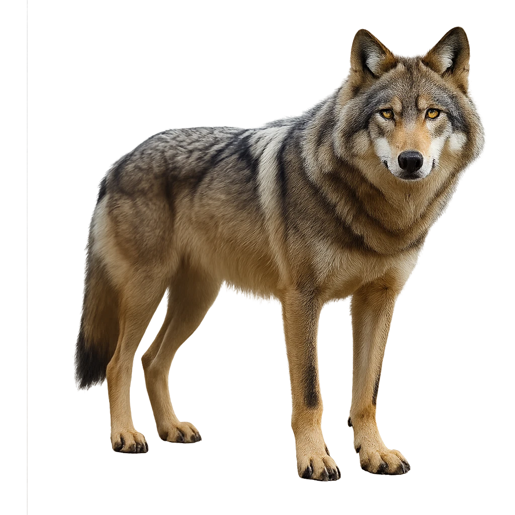 Remove the background to depict the full body of a photorealistic wolf on a transparent background. emoji